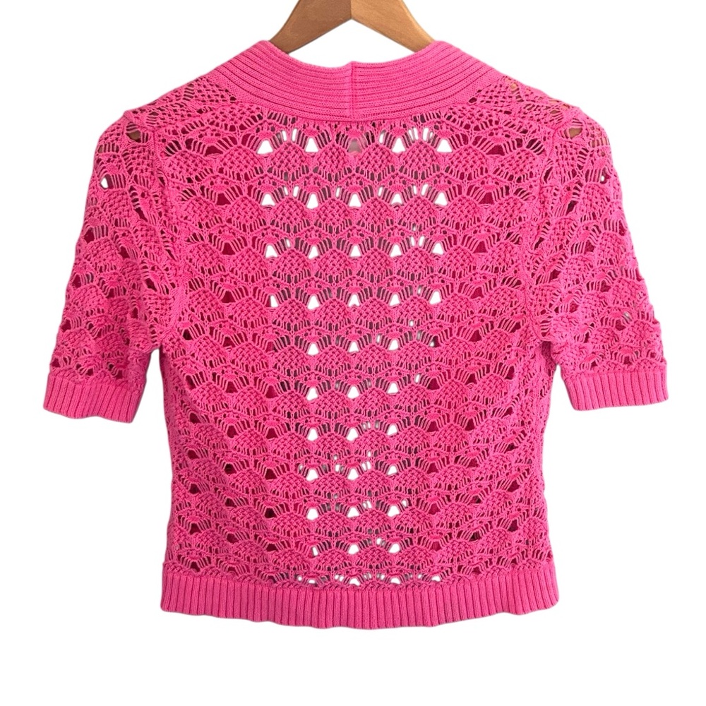 Vintage Y2K Pink Crocheted Shrug / Open Cardigan Short Sleeve Size Small - Picture 3 of 7